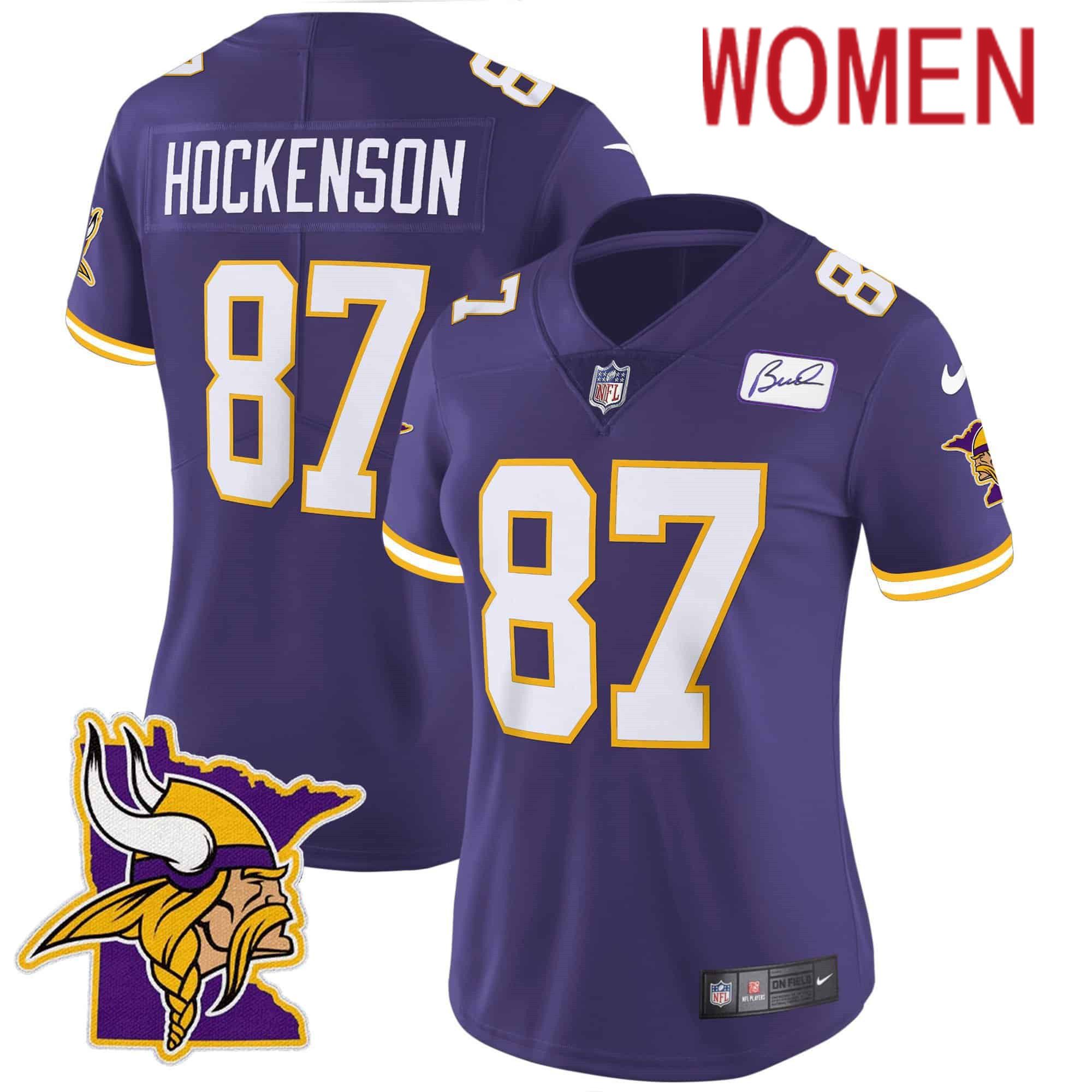 Women Minnesota Vikings 87 Hockenson Purple 2024 Nike Patch Classic Limited NFL Jersey style 1